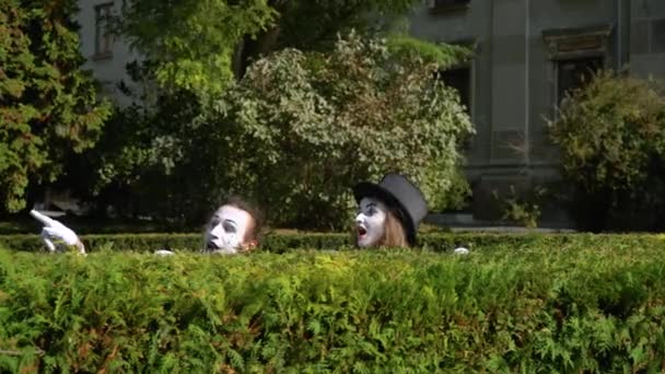 Два мима в парке прячутся за кустами. Два актера театра в парке показывают пантомиму — стоковое видео
