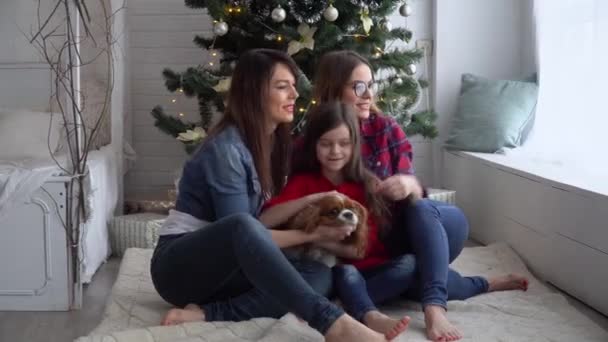 İki kadın ve küçük bir kız ve köpek Noel ağacının yanında sarılıyorlar. — Stok video