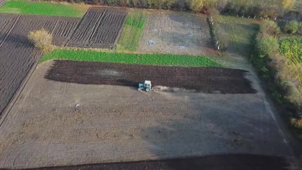 Luchtfoto van de laatste landbouwwerkzaamheden van de oude trekker op het veld in de herfst — Stockvideo