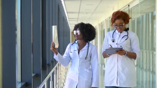 Duas médicas afro-americanas examinam a radiografia dos pulmões, segurando-a nas mãos dentro de casa. Dois especialistas mantêm a imagem transparente do peito nos braços, e cuidadosamente pesquisa-o — Vídeo de Stock