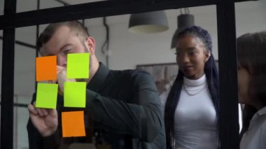Şirket çok ırklı insanları yapışkan notlar kullanarak cam tahtada strateji çözüyorlar. Takım lideri erkek, ofis toplantısında projenin son teslim tarihi için çözüm gösteriyor