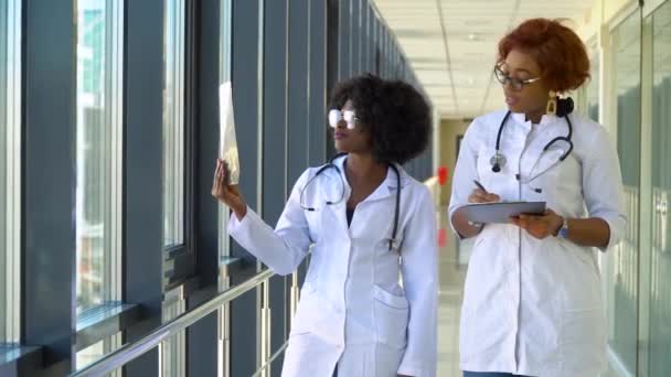 Duas médicas afro-americanas examinam a radiografia dos pulmões, segurando-a nas mãos dentro de casa. Dois especialistas mantêm a imagem transparente do peito nos braços, e cuidadosamente pesquisa-o — Vídeo de Stock