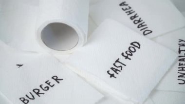 Tuvalet kağıdı ve hızlı yemek. Kişisel hijyen kavramı. Sağlıksız fast food kavramı