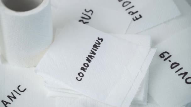 Toilet paper with text coronavirus. Concept of Covid-19 — Stock Video