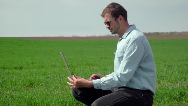 Farmář s laptopem kontroluje růst pšenice. Čerstvé pole zelené pšenice — Stock video