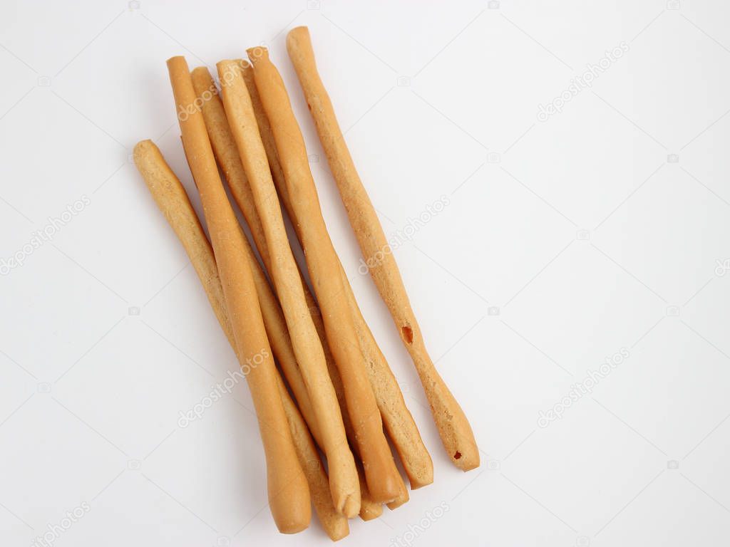 Isolate Homemade bread sticks on white background,top view