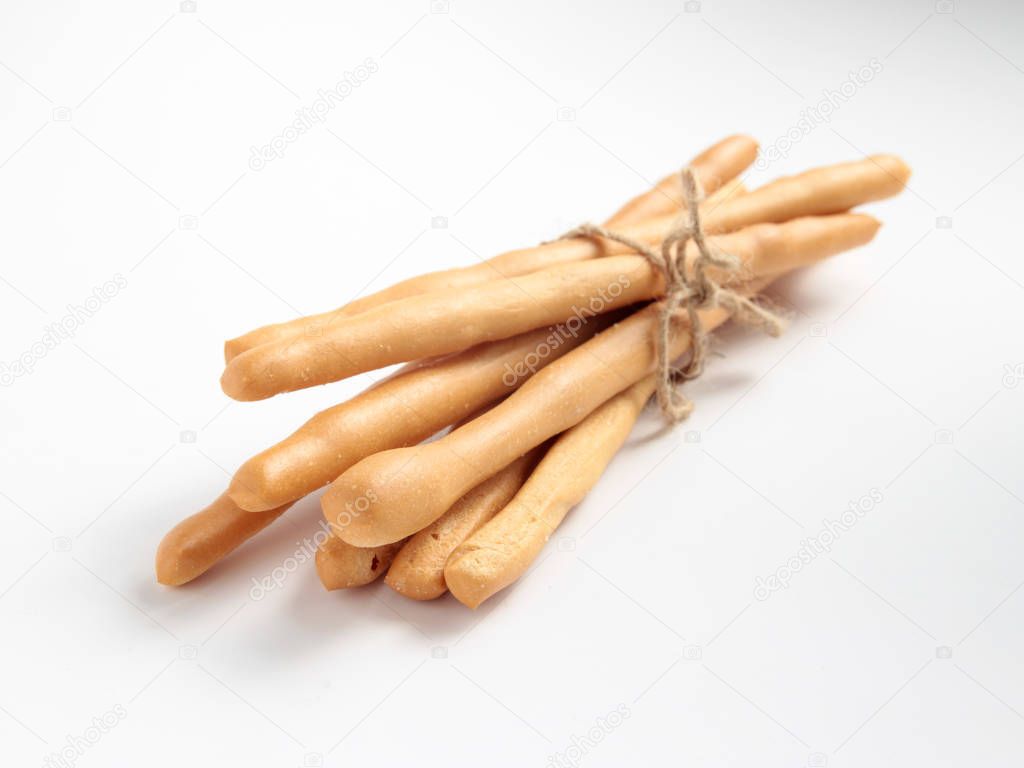 Isolate homemade bread sticks on white background,top view,with 