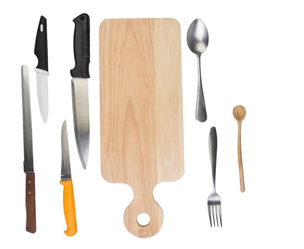 Aísle las herramientas de cocina de hierro y plástico de madera sobre fondo blanco . — Foto de Stock