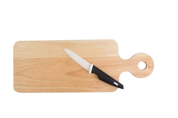 Isolate wooden tray and plastic knife place as on. — Stock Photo, Image
