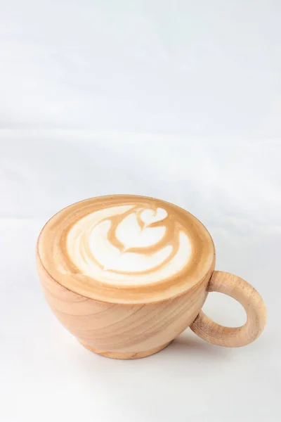 Coffee Late Art in wood cup on white bakcground — Stok Foto