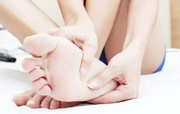 Woman Massaging Her Tired Feet Long Day — Stock Photo, Image