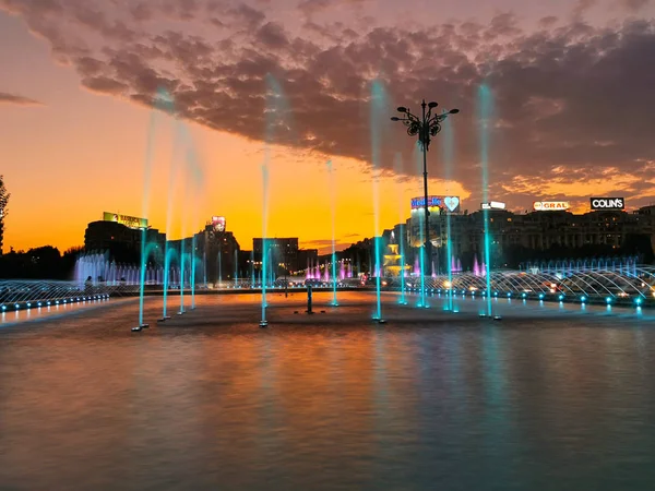 September 2019 Bucharest Romania Opening Fountains Unirii Square Centre Capital — Stock Photo, Image