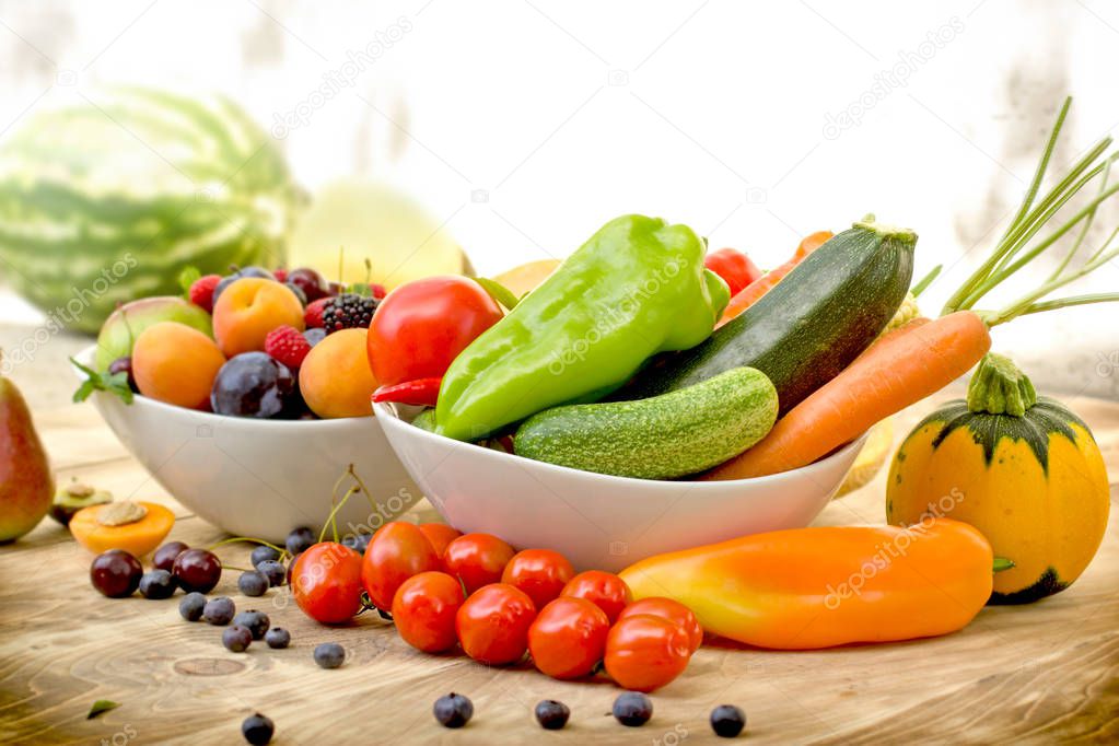 Seasonal organic fruit and vegetable on table - healthy diet (eating)