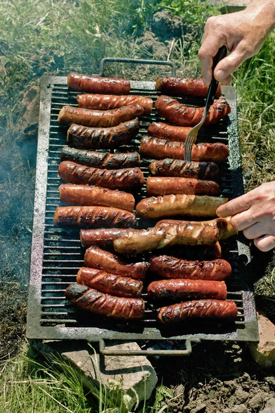Barbecue Grill Nature Sausages Grill Good Reason Gathering Friends Enjoying — Stock Photo, Image