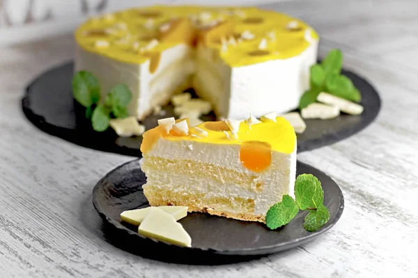 Skiva Läckra Klassiska Cheesecake Rustik Tallrik — Stockfoto