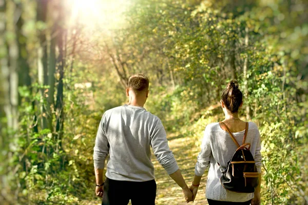 Loving Couple Walks Forest Path Enjoy Beauty Nature Indulged Feelings — Stock Photo, Image