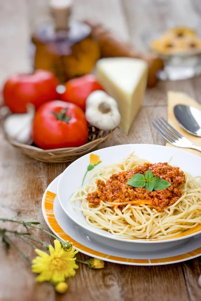 Espaguete Com Molho Tomate Carne Picada — Fotografia de Stock