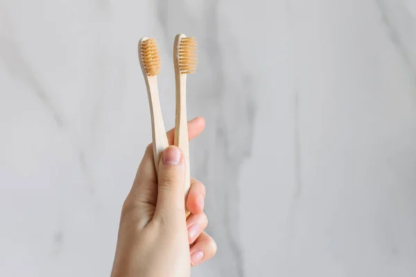 Eco Friendly Wood Bamboo Toothbrush Bright White Marble Background Your — Stock Photo, Image