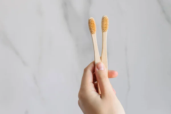 Eco Friendly Wood Bamboo Toothbrush Bright White Marble Background Your — Stock Photo, Image