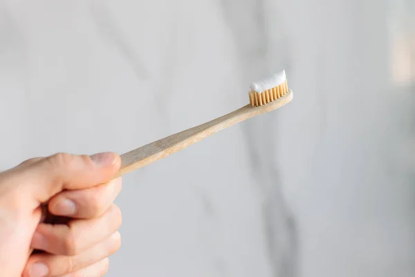 Eco Friendly Wood Bamboo Toothbrush Paste Applied Bright White Marble — Stock Photo, Image