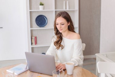 Genç ve güzel bir kadın dizüstü bilgisayarı olan bir evden dizüstü bilgisayar için çalışıyor. Hafta sonu evde..