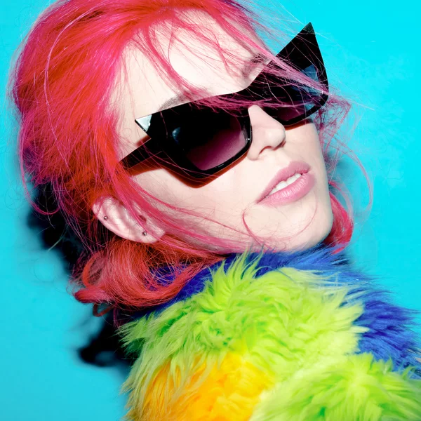 Lady with red Fancy Hair and fur coat. stylish Sunglasses Club S — Stock Photo, Image