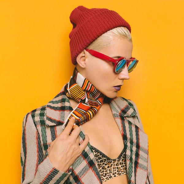 Damen Hipster n Style karierter Mantel und gestreifter Schal. die Kombination — Stockfoto