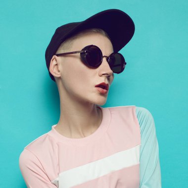 Hipster swag style, cap, sport, happy girl, b-boy cap, City swag clipart