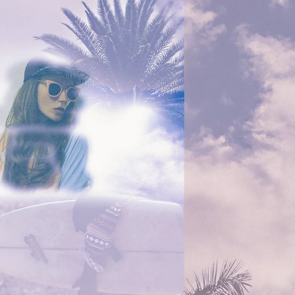 Collage bakgrund drömmer om sommaren. brunett modell surfing sty — Stockfoto