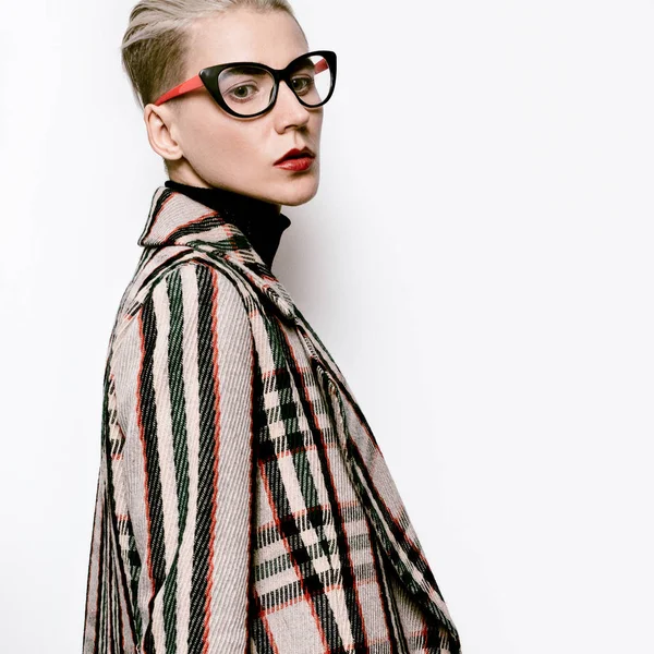 Stylish Blonde fashion vintage glasses and checkered coat Trend — Stock Photo, Image