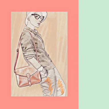 Vintage moda Model illüstrasyon bej klasik kostüm ve arpacık