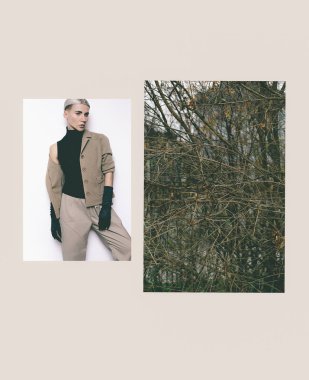 Vintage moda kadın sarışın klasik bej takım ve şık saç