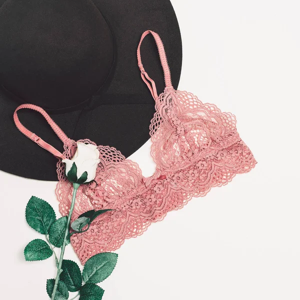 Fashion Underwear. Stylish lace bra on a fur background Minimal — Stock Photo, Image