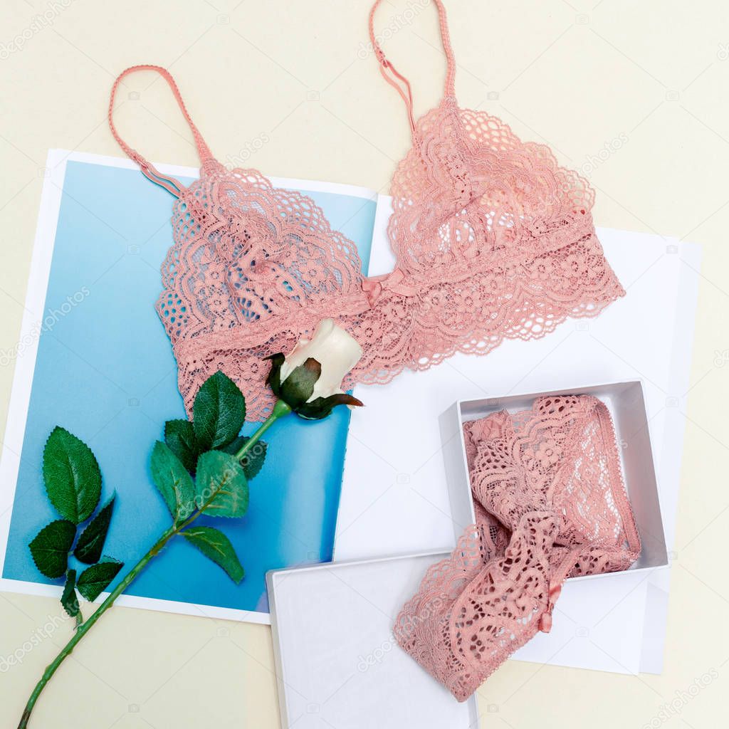 Trendy underwear. Stylish lace. Gift box. Minimal design. fashio