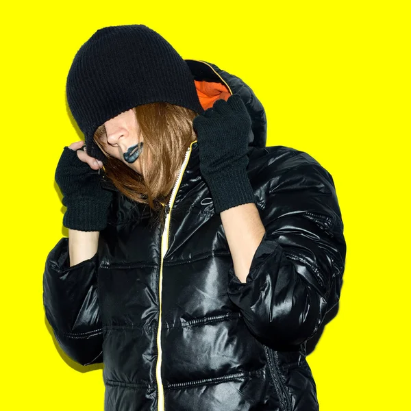 Swag sexy Model in black down jacket stylish hipster trash urban — Stock Photo, Image