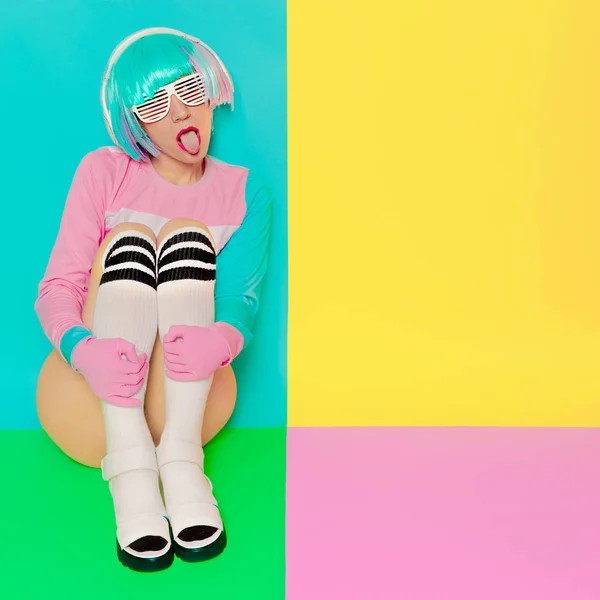 Minimal fashion Pop Art. Vanilla color. Playful girl DJ. Doll st — Stock Photo, Image