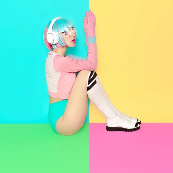 Minimal fashion Pop Art. Vanilla pastel colors. Girl DJ. Doll st — Stock Photo, Image