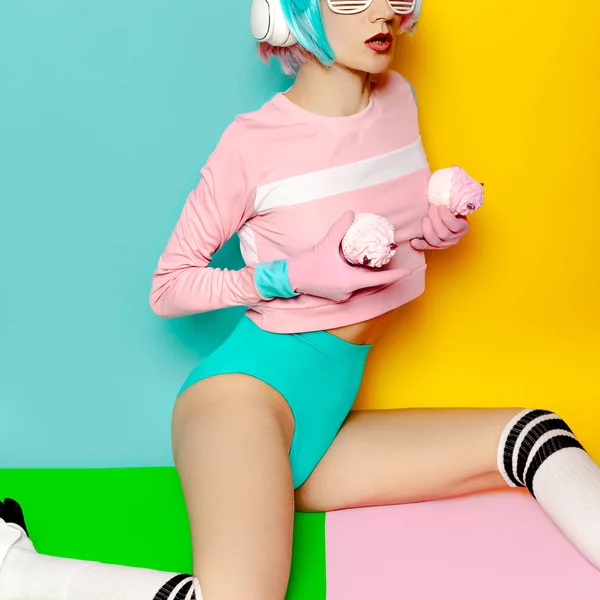 Fitness Lady. Minimal fashion Pop Art. Vanilla pastel colors. Gi