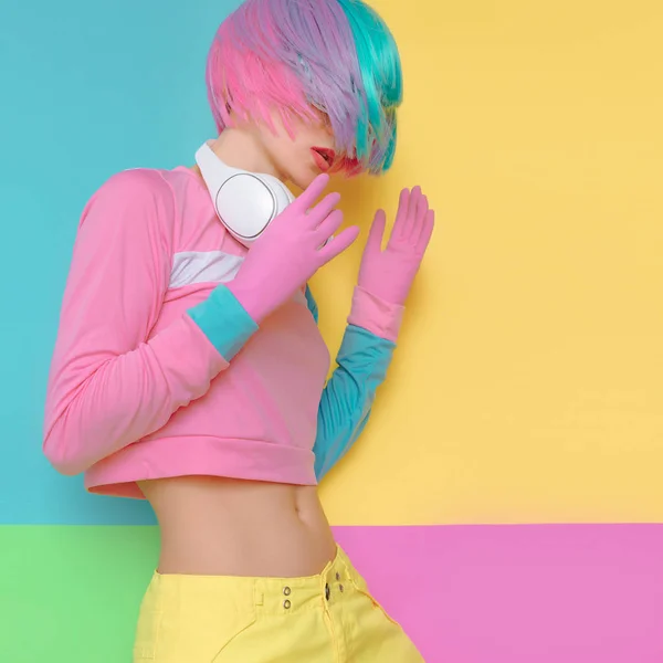 Minimal fashion Pop Art. Vanilla color. Playful girl DJ. Doll st — Stock Photo, Image