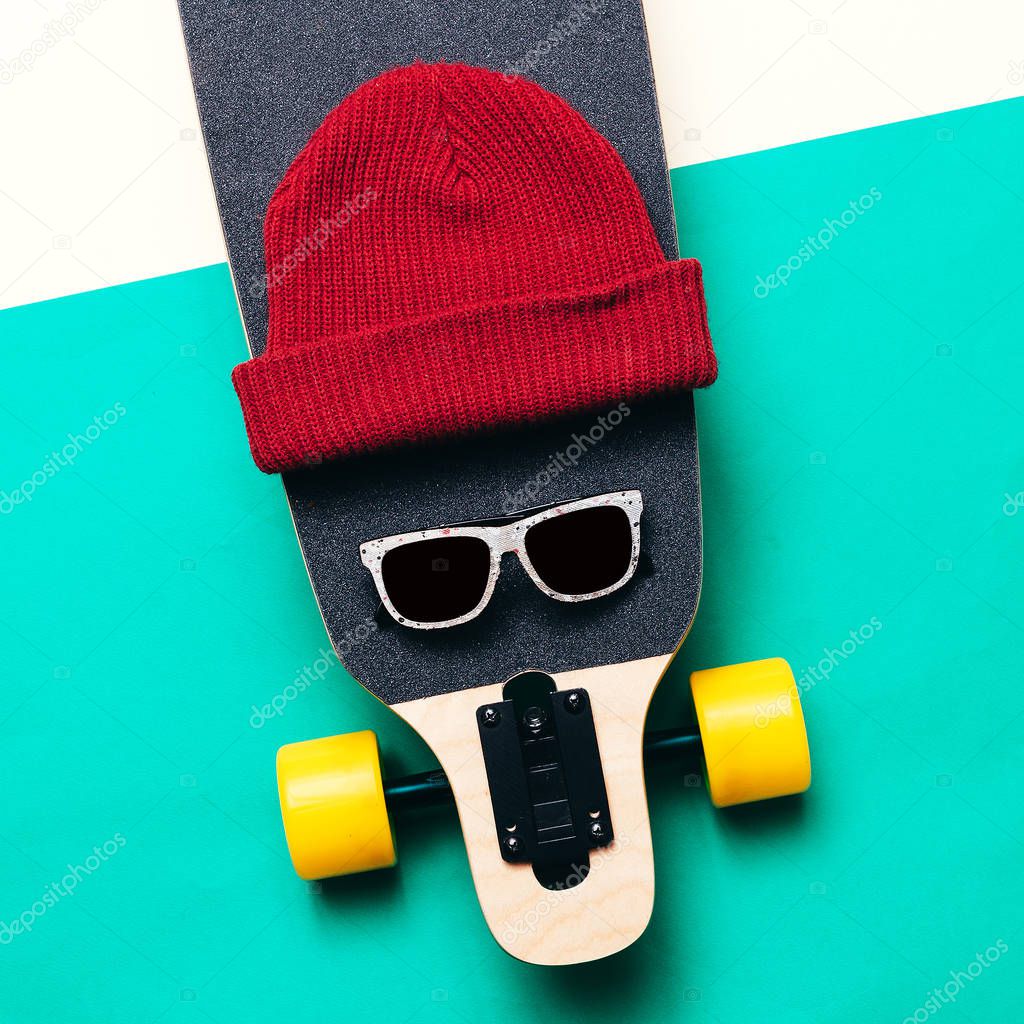 Skateboard, sunglasses, cap. Love Urban fashion. minimal design