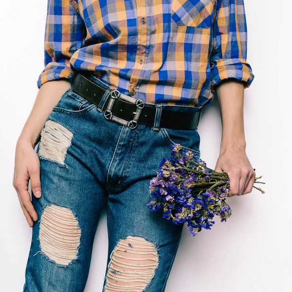 Country Girl Summer fashion style. Accessories. classic blue jea — Stock Photo, Image