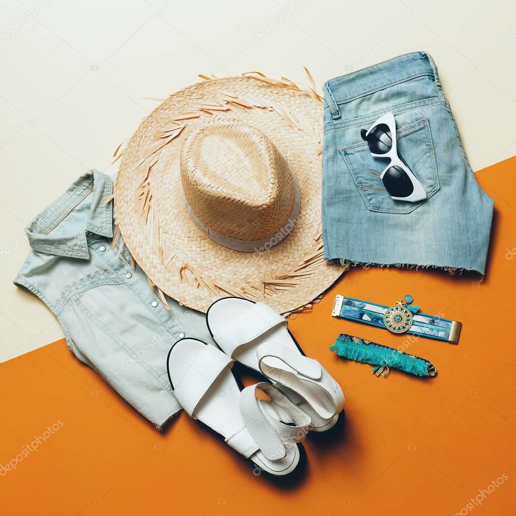 Summer outfit. Denim Shorts Sandals hat Safari style