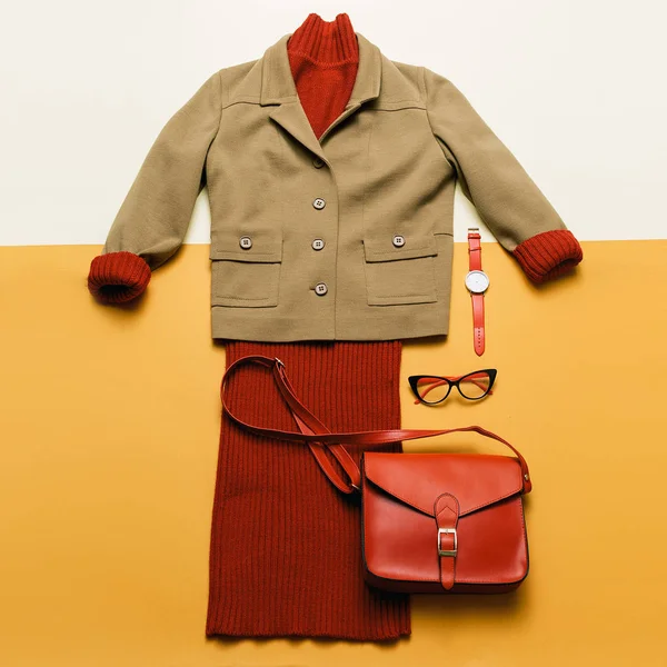 Bayan sonbahar ilkbahar kıyafeti Vintage örme kazak ve kırmızı erişim — Stok fotoğraf