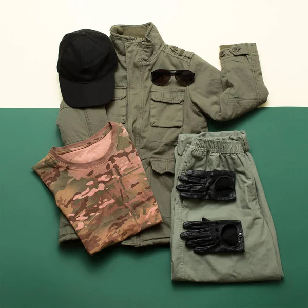 Conjunto de roupas Estilo militar moda Soldado roupa Detalhes — Fotografia de Stock