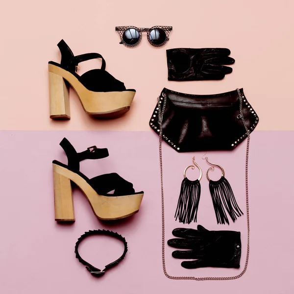 Elegantes accesorios de estilo Lady Outfit Black Rock, de moda bl —  Fotos de Stock