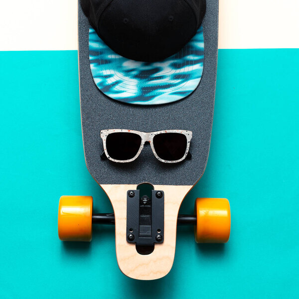 Skateboard, Sunglasses, Cap, Love Urban fashion. Minimal Design 