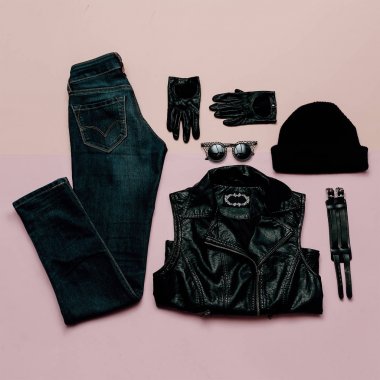 Moda hippi giyim. Üstten Görünüm. Stil her gün. Siyah f