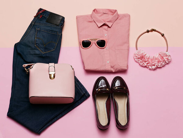 Romantic clothes set. City casual fashion. Spring. Stylish acces