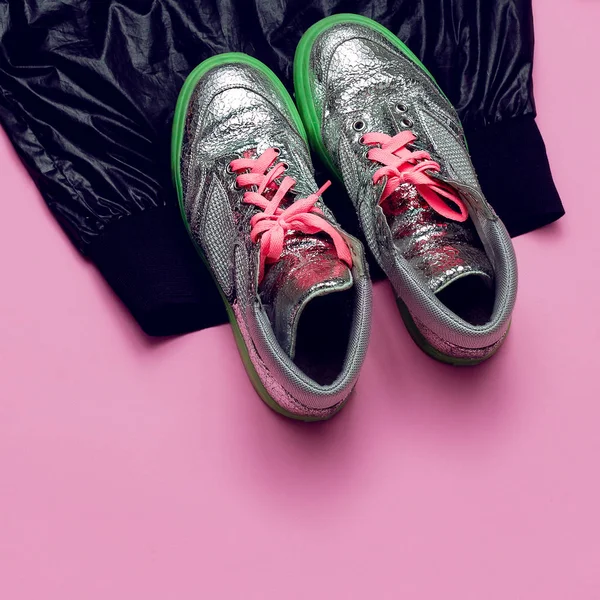 Swag Minimal Sneakers Street fashion Top view Pink Glam — Stock Photo, Image
