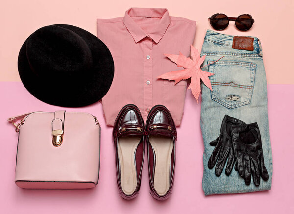 Romantic clothes set. City casual fashion. Spring. Stylish acces